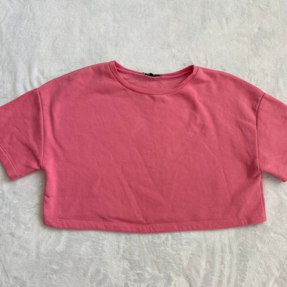 Zara Cropped Crewneck Shirt Women's S Casual Short Pink Thick Boxy Oversized